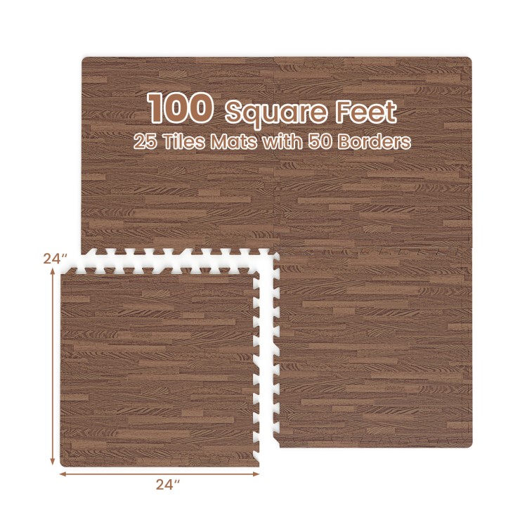 Brown wood grain foam floor mats set featuring 25 tiles and 50 borders, covering 100 square feet, 24x24 inches each.