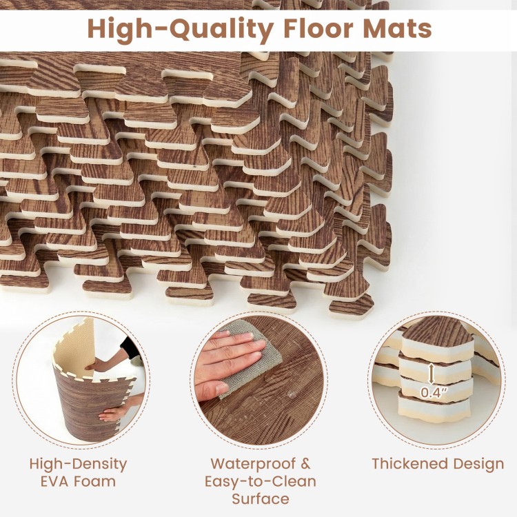 25 tiles of brown wood grain foam floor mats with borders, featuring high-density EVA foam and a waterproof surface.