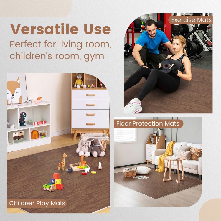 25 tiles of brown wood grain foam floor mats shown in a living room, ideal for children's play and exercise areas.