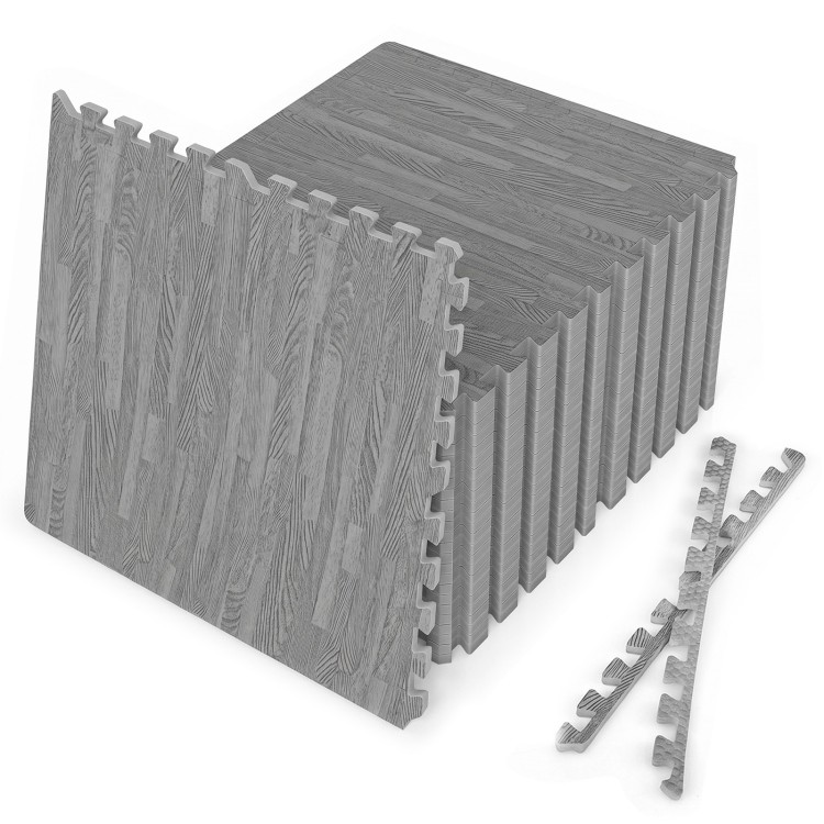 Gray wood grain foam floor mats with borders, featuring 25 interlocking tiles for versatile flooring solutions.