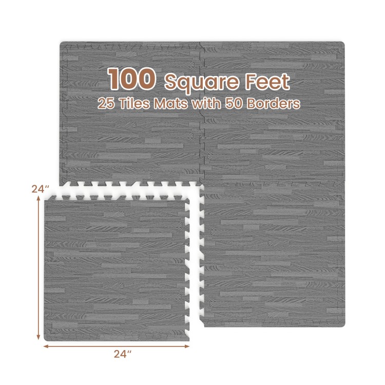 Gray wood grain foam floor mats featuring 25 tiles and 50 borders, covering 100 square feet for versatile flooring.