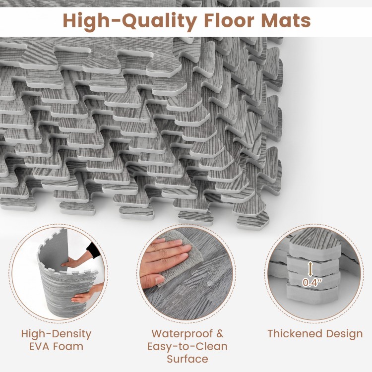 Gray wood grain foam floor mats with borders, made from high-density EVA foam, featuring a waterproof and easy-to-clean.