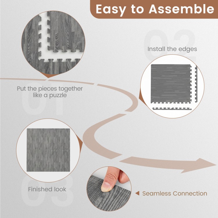Gray wood grain foam floor mats showing assembly steps, including seamless connection and finished look for easy.