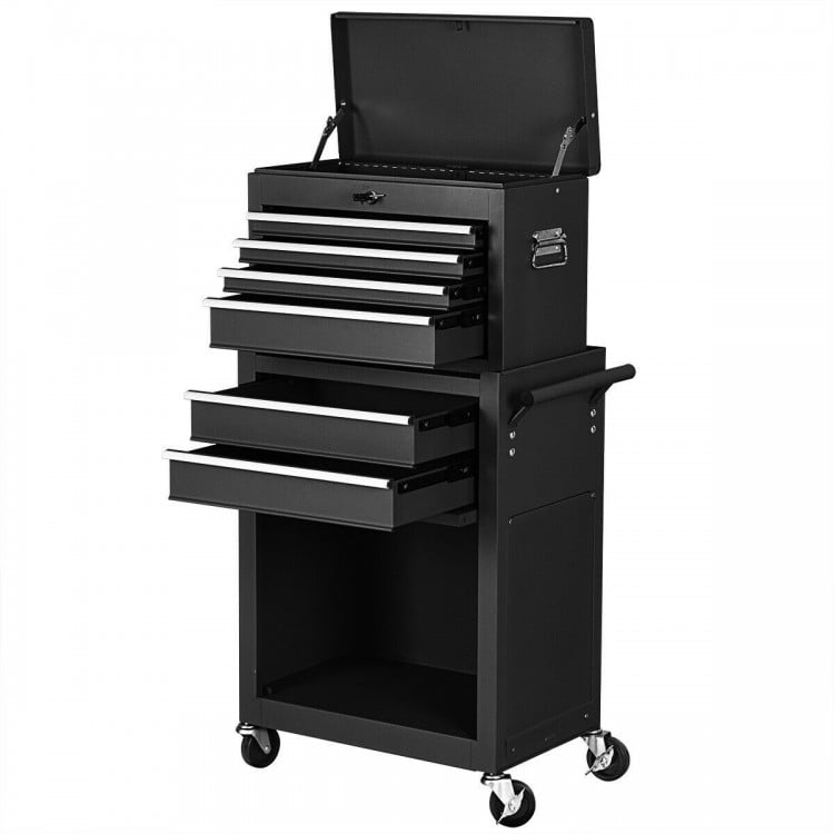 Rolling cabinet storage chest toolbox in black with multiple drawers, lockable design, and wheels for easy mobility.