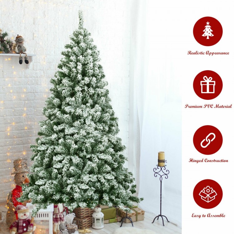 6 feet snow flocked artificial Christmas tree with 928 tips, featuring a hinged design for easy assembly and storage.