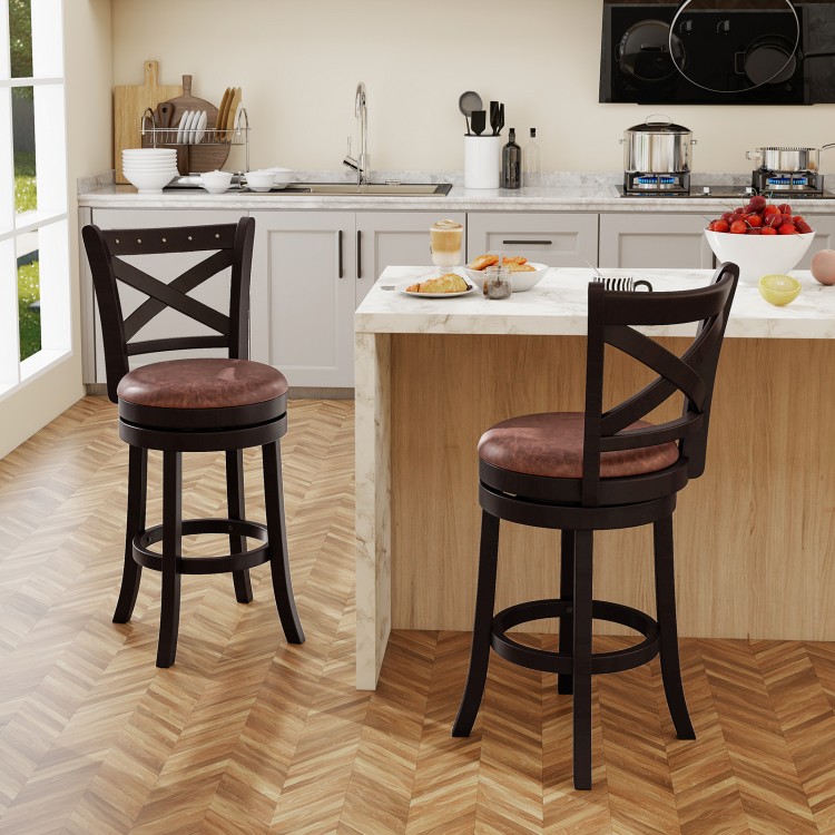 Set of 2 swivel bar stools with padded seats and ergonomic backrests, perfect for kitchen or living room use.
