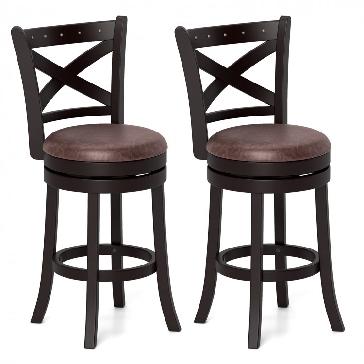 Set of 2 swivel bar stools with padded seats, rubber wood frame, and elegant X-shaped design for kitchen or pub use.