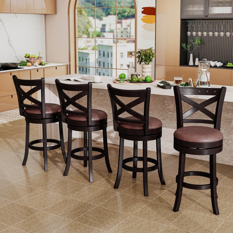 Set of 2 swivel bar stools with padded seats, rubber wood frame, and ergonomic backrest for kitchen or pub use.