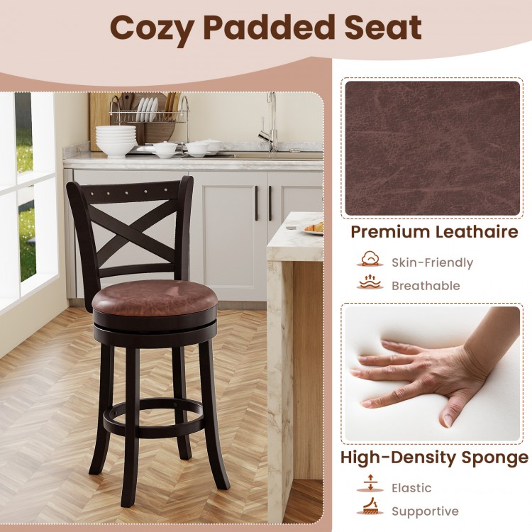 Swivel bar stool with a cozy padded seat in premium leathaire, featuring a rubber wood frame and elegant design for.
