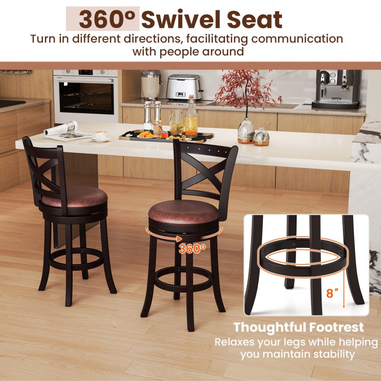 Set of 2 swivel bar stools with padded seats, ergonomic backrests, and thoughtful footrests for kitchen or pub use.
