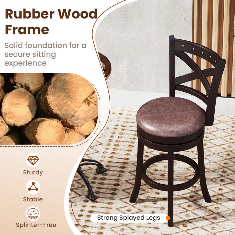 26-inch swivel bar stool with padded seat, rubber wood frame, and ergonomic backrest for stylish comfort in any space.