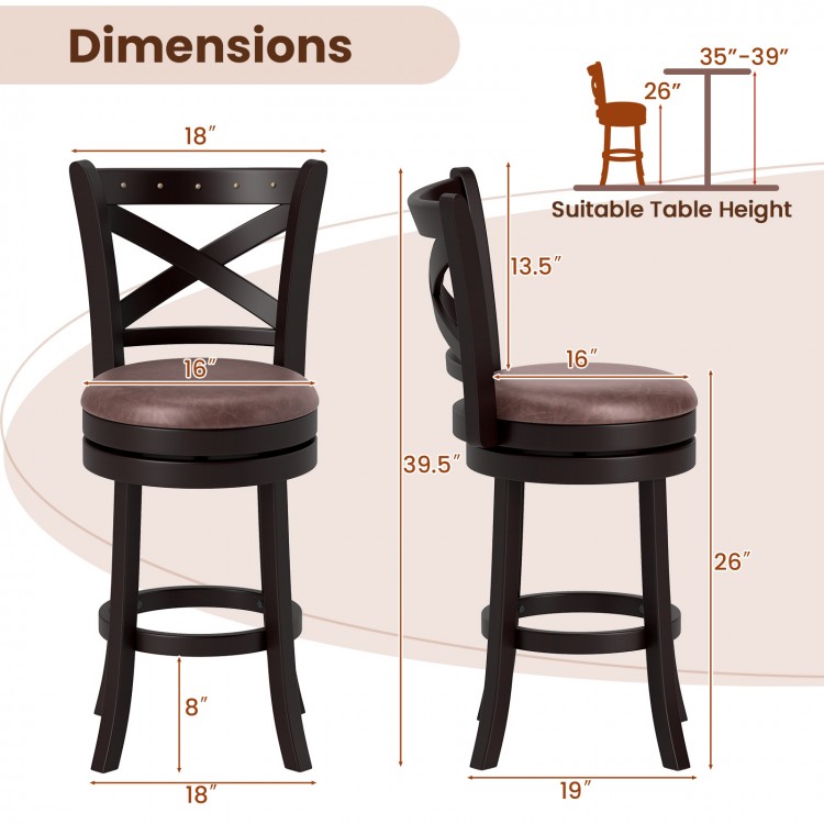 26-inch swivel bar stool set of 2 with padded seat, ergonomic backrest, and rubber wood frame for kitchen or pub use.