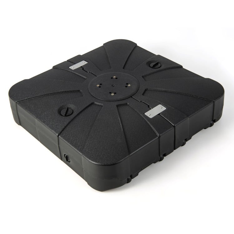 Offset patio umbrella base with wheels, filled with water for stability, made of durable HDPE, suitable for various.