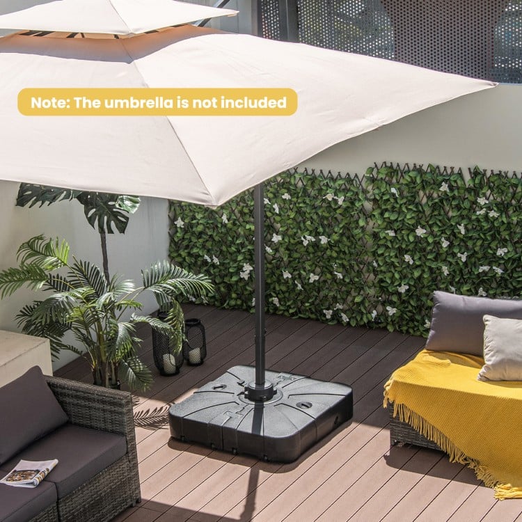 Offset patio umbrella base with wheels, 260 lbs, HDPE material, designed for stability and easy mobility in outdoor.