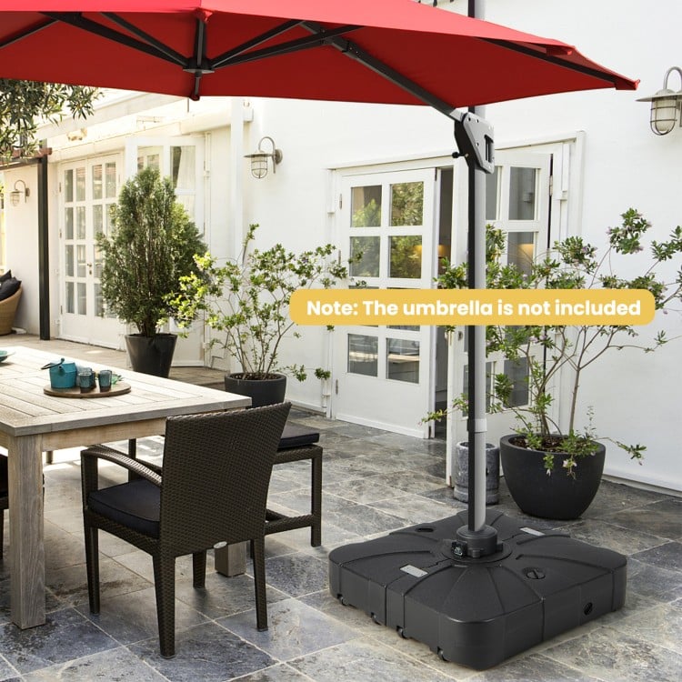 Offset patio umbrella base with wheels, 260 lbs, HDPE material, designed for stability in outdoor settings.