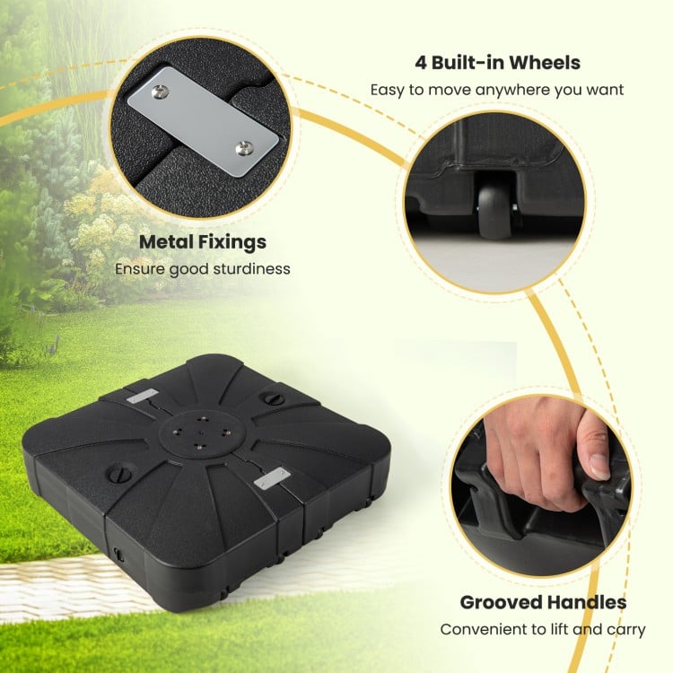 Offset patio umbrella base with wheels, designed for stability with water-filled reservoirs, ideal for outdoor use.