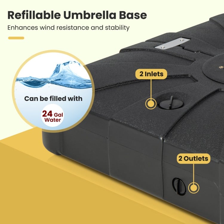 260 lbs offset patio umbrella base with wheels, featuring 2 water inlets for stability, ideal for outdoor use.