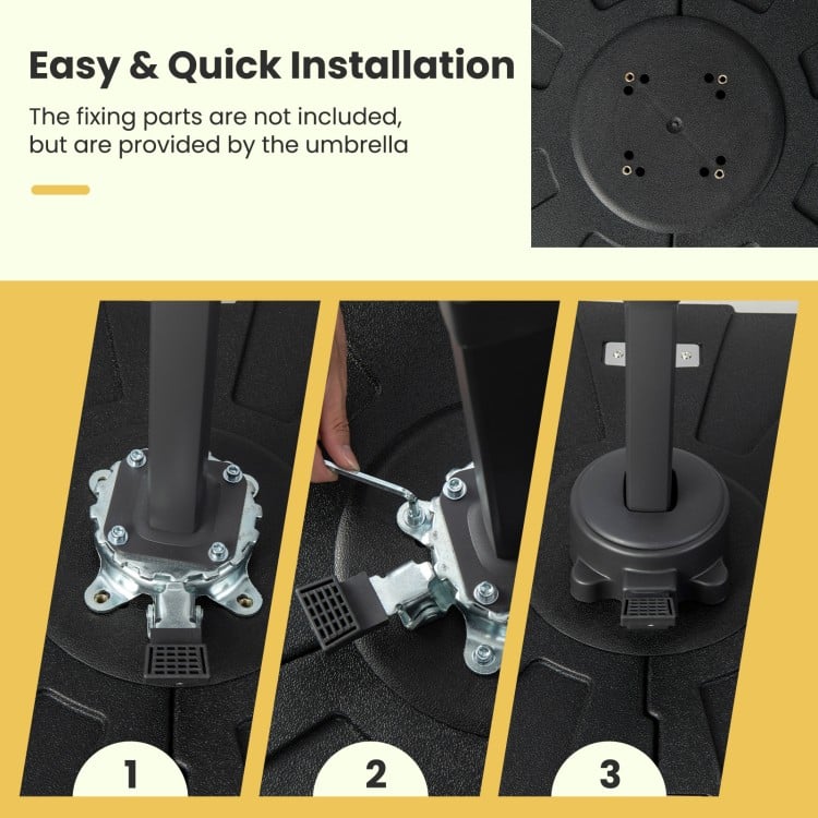 Offset patio umbrella base with wheels, featuring easy installation and dual reservoirs for stability, perfect for.