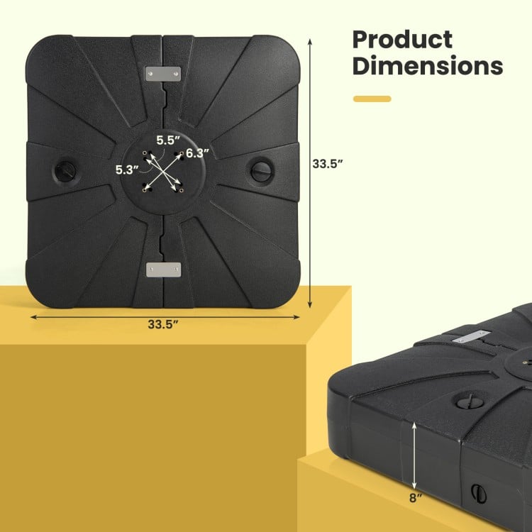 Offset patio umbrella base with wheels, measuring 33.5"x33.5", designed for stability with water-filled reservoirs.