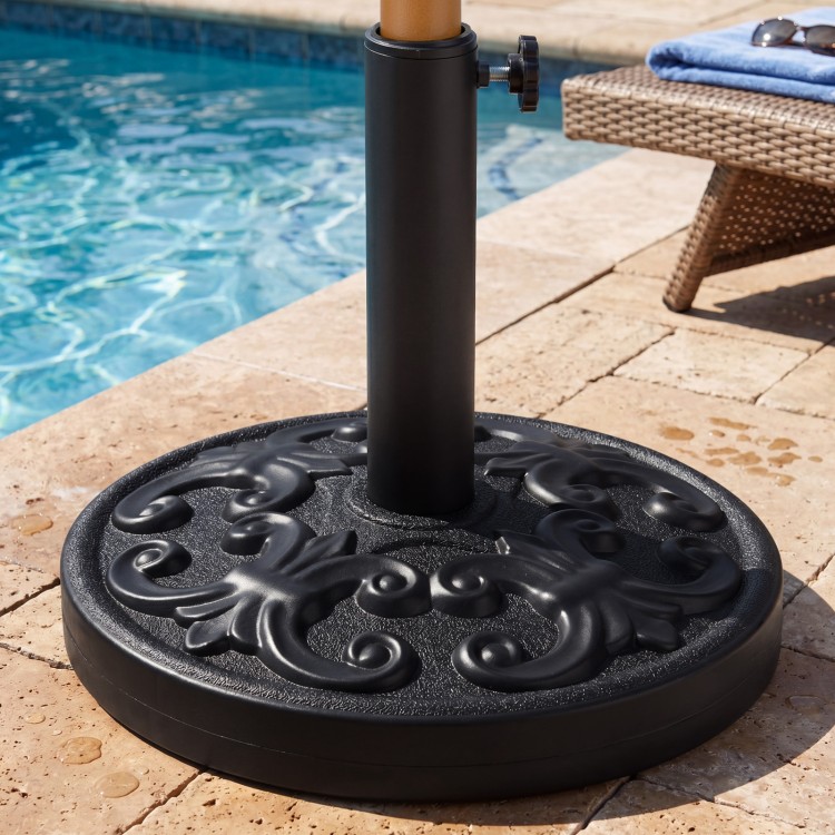 Heavy-duty round umbrella stand with adjustable knob, 26.5 lbs concrete base, featuring an exquisite iris pattern for.