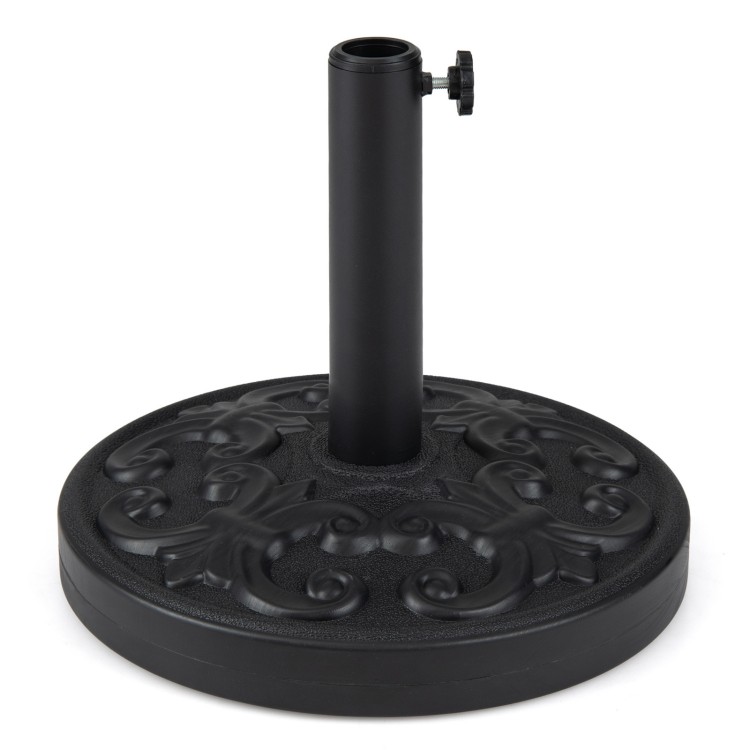 Heavy-duty round umbrella stand with adjustable knob, 26.5 lbs weight, designed for 8-9 ft patio umbrellas.