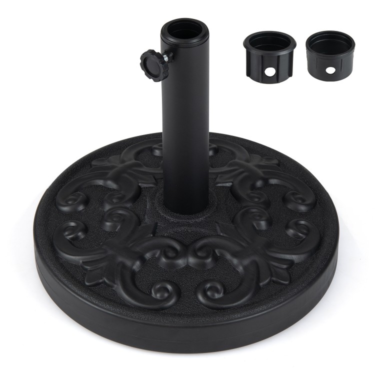 Heavy-duty round umbrella stand with adjustable knob, 26.5 lbs concrete base, featuring an elegant iris pattern for.
