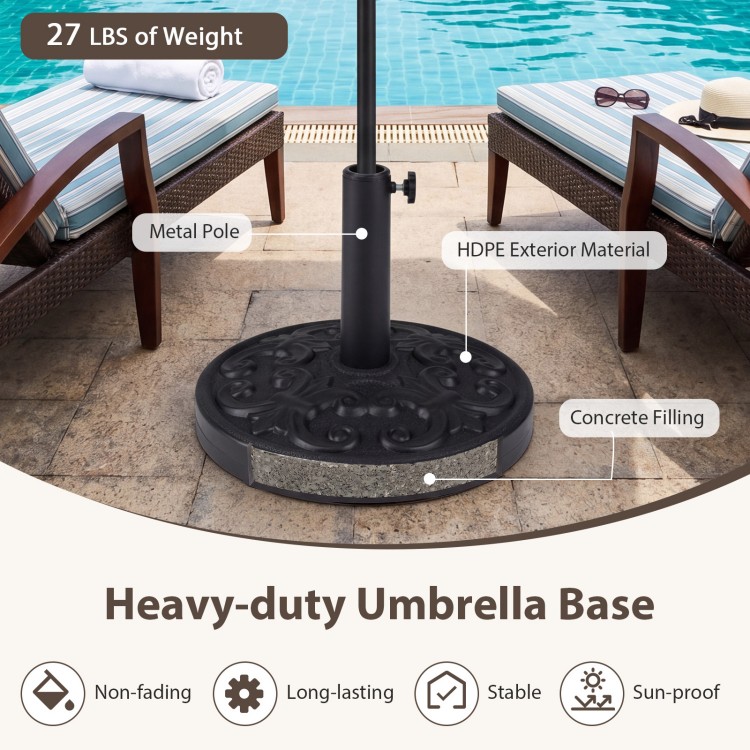 Heavy-duty round umbrella base with adjustable knob, 26.5 lbs concrete filling, for 8-9 ft patio umbrellas.