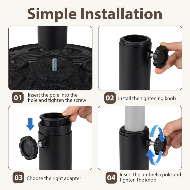 Heavy-duty round umbrella stand with adjustable knob, featuring simple installation steps for 1.5"-1.9" umbrella poles.
