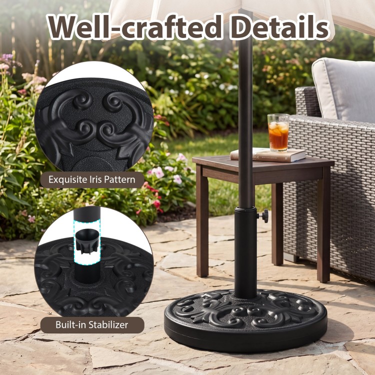 Heavy-duty 26.5 lbs round umbrella stand with adjustable knob and exquisite iris pattern for stable patio support.