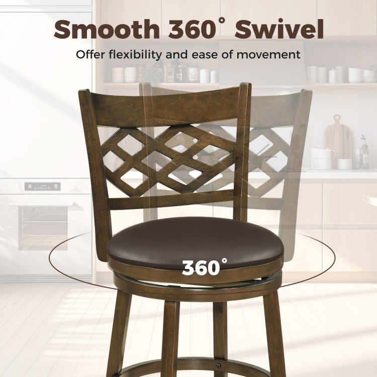 26-inch counter height bar stool with 360° swivel seat, rubber wood frame, and curved backrest for kitchen island use.