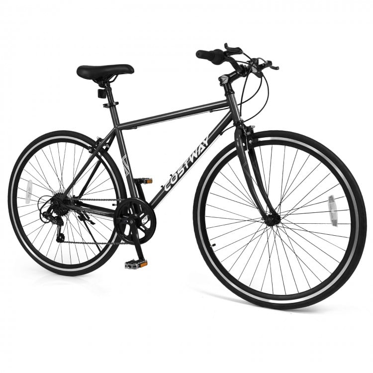 26-inch black mountain bike with 6-speed gear, all-terrain rubber wheels, and adjustable saddle for versatile riding.