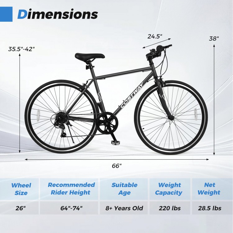 26-inch mountain bike with adjustable height, 6-speed gear system, and all-terrain rubber wheels for versatile riding.