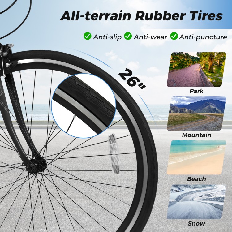 26-inch all-terrain rubber tire on a mountain bike, featuring anti-slip design for smooth rides on various surfaces.