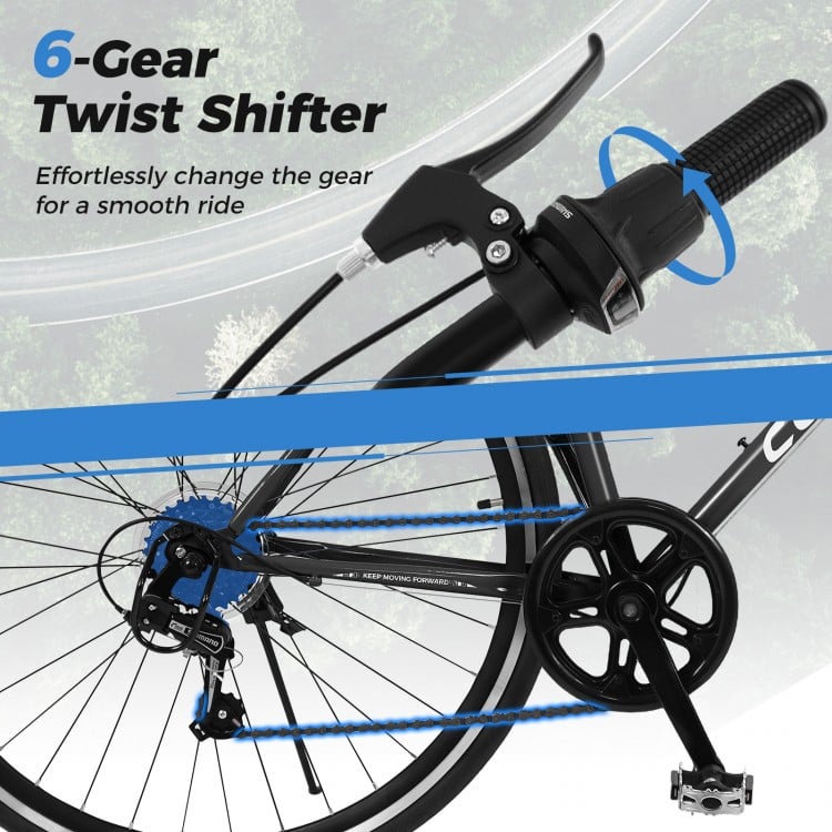 6-gear twist shifter on a 26-inch mountain bike, designed for smooth rides and versatile performance on all terrains.