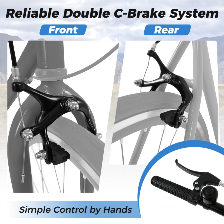 Front and rear double C-brake system for the 26-inch mountain bike, ensuring reliable stopping and easy hand control.