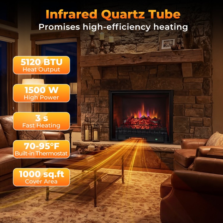 26-inch WiFi infrared quartz electric fireplace insert with realistic logs, 1500W, heats up to 1000 sq ft efficiently.