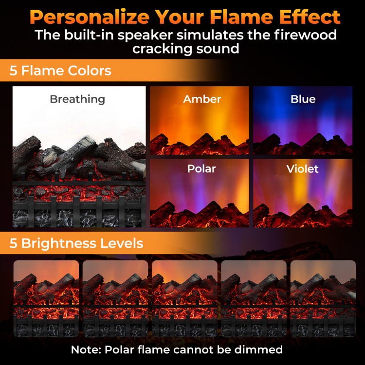 Close-up of the electric fireplace insert showcasing 5 flame colors and brightness levels for customizable ambiance.