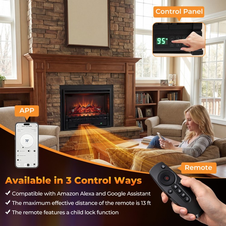 26-inch WiFi infrared quartz electric fireplace insert with realistic logs, remote control, and app compatibility for.
