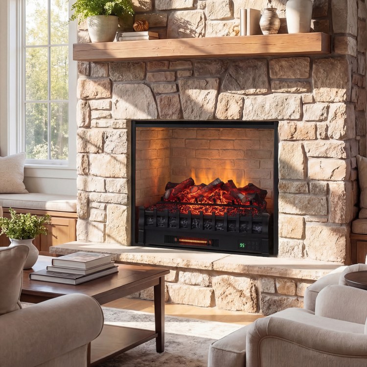 26-inch black electric fireplace insert with realistic logs, customizable flame colors, and infrared heating for cozy.