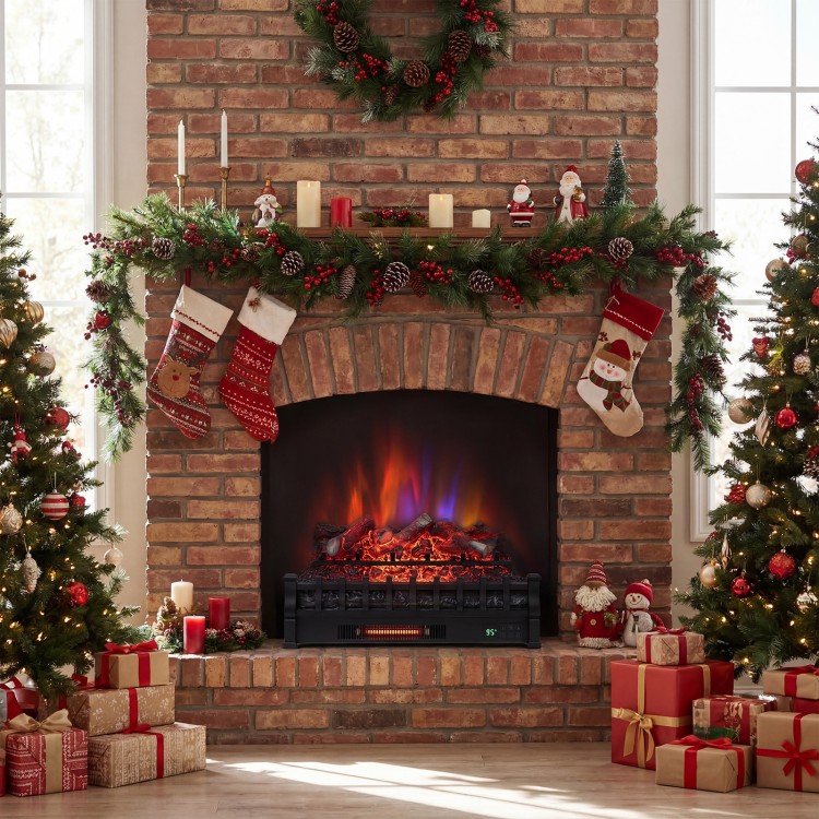 26-inch black WiFi infrared quartz electric fireplace insert with realistic logs, perfect for cozy holiday settings.