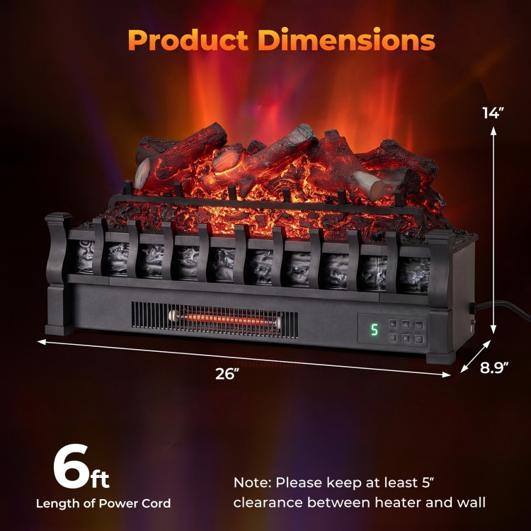 26-inch WiFi infrared quartz electric fireplace insert with realistic logs, featuring adjustable flame colors and.
