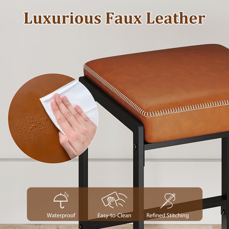 Close-up of the 26-inch bar stool's brown faux leather seat, featuring waterproof material and refined stitching for.