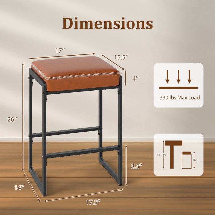 Brown faux leather upholstered bar stool with 26" seat height, sturdy metal frame, and 330 lbs max load capacity.