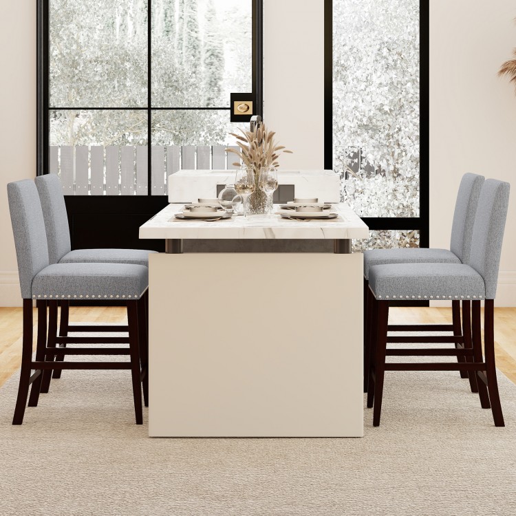 Counter height chairs set of 2 in gray with padded seats and backrests, ideal for kitchen islands or bar nooks.