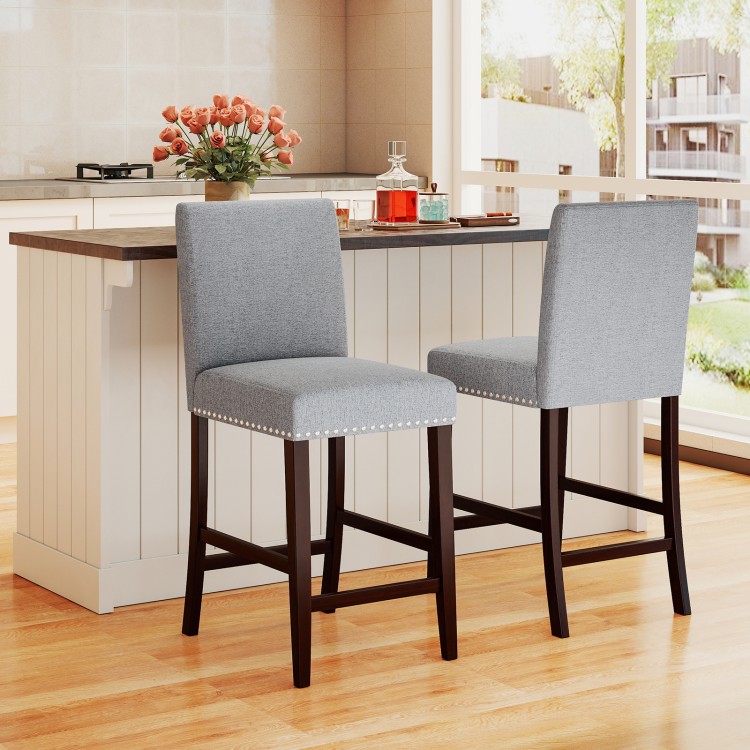 Gray counter height chairs set of 2 with padded seats and backrests, perfect for kitchen islands or bar nooks.