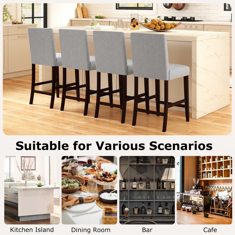 Gray padded counter height chairs set of 2 with nailhead trim, ideal for kitchen islands, cafes, or bar nooks.