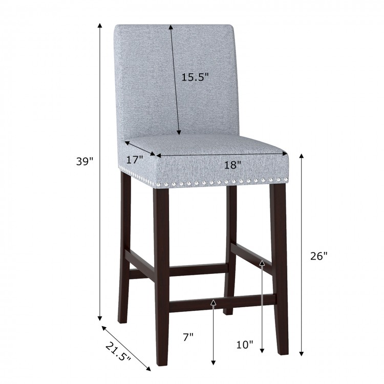 Gray counter height chair with padded seat, nailhead trim, and sturdy rubber wood frame, ideal for kitchen or bar use.