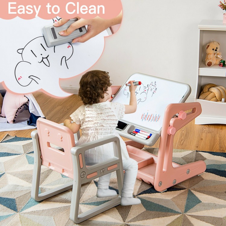 Kids easel table and chair set in pink with adjustable drawing board, perfect for art and study, easy to clean.