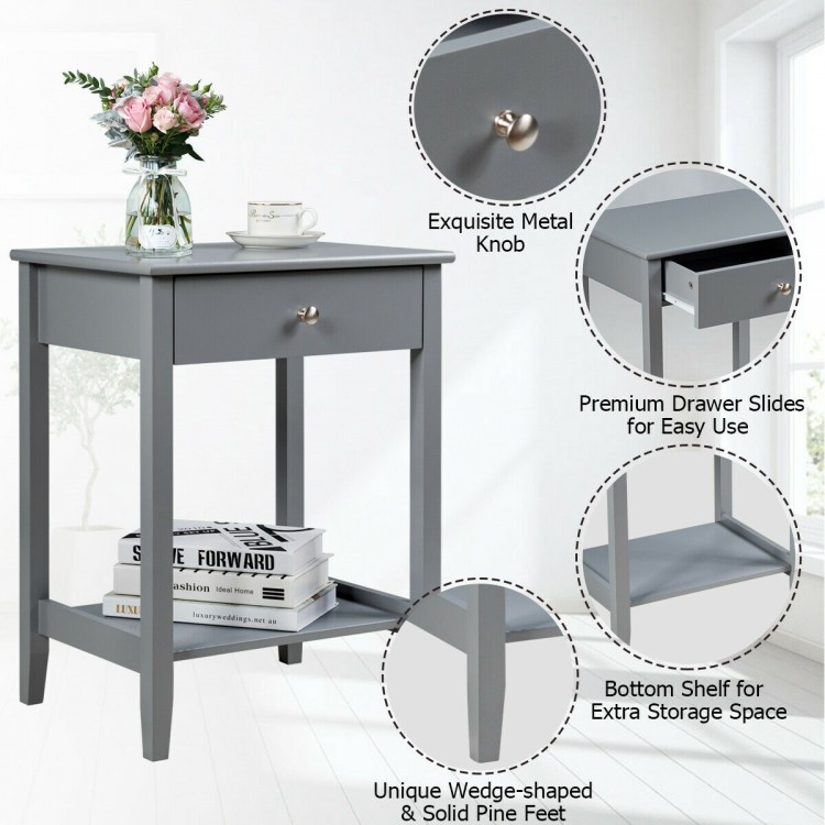 Gray wooden bedside sofa table featuring a pull-out drawer and bottom shelf for ample storage in any room.