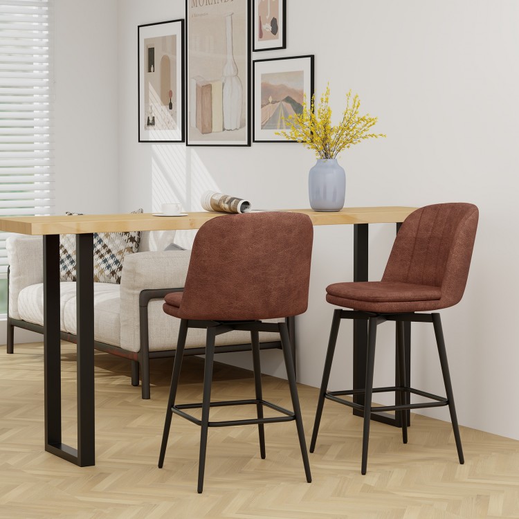 Set of 2 27-inch swivel bar stools in brown PU leather with black metal legs, ideal for kitchen islands or cafes.